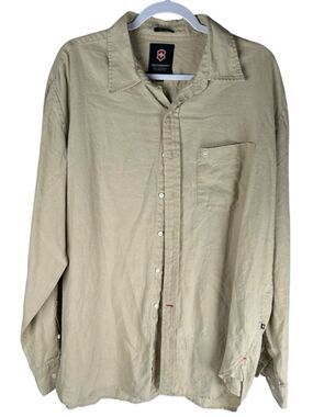 Victorinox Swiss Army Khaki Beige 100% Linen Long Sleeve Button Up Shirt Size XL